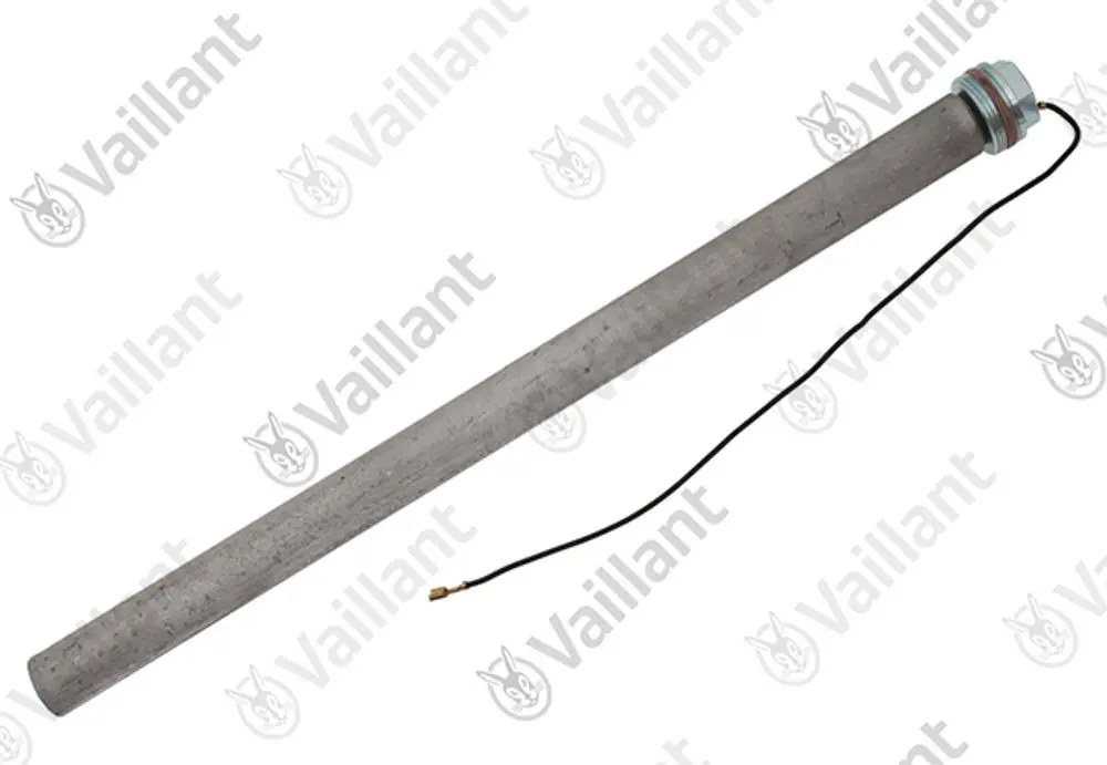 Vaillant-Anode in zylindrischer Form mit Kabelanschluss, auf grauem Hintergrund. Sie dient zum Schutz von Heizwasseranlagen vor Korrosion.
